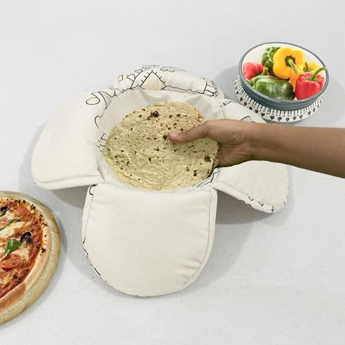 Image of Swayam 100% Cotton Cloth Roti Casserole | Hot Chapati Box | Washable Bread Basket | 22 cm Round Roti Basket | Geometric Design - Beige