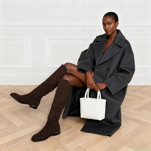 Image of Modatope Rounded Toe Flat Stretchy Dress Knee High Boots Side Zipper | Suede Elastic Fall Winter Boots, Low Chunky Block Heel Riding Boots,2026 Fashion Womens Tall Long Boots