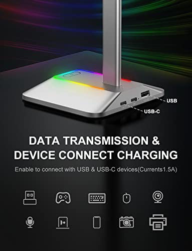 New Bee Rgb Headphone Stand With 1 Usb-C Charging Port And 1 Usb Charging Port, Desk Gaming Headset Holder With 7 Light Modes And Non-Slip Rubber Base Suitable For All Earphone Accessories (Silver) #TOP2