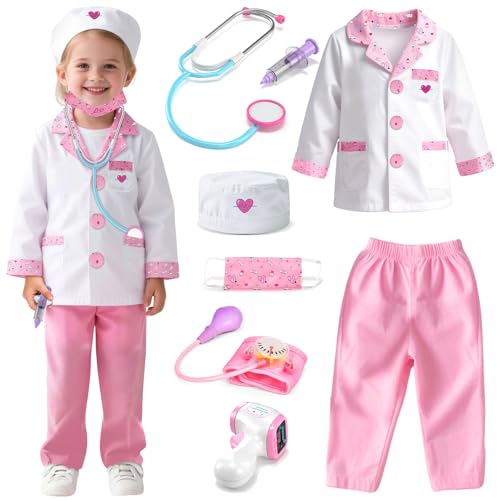 Lehoo Castle Doctor Costume for Kids, Doctor Kit for Kids 8 PCS with Stethoscope for Role Play Career Day, Pretend Play Costume Kit for Toddlers 4-6