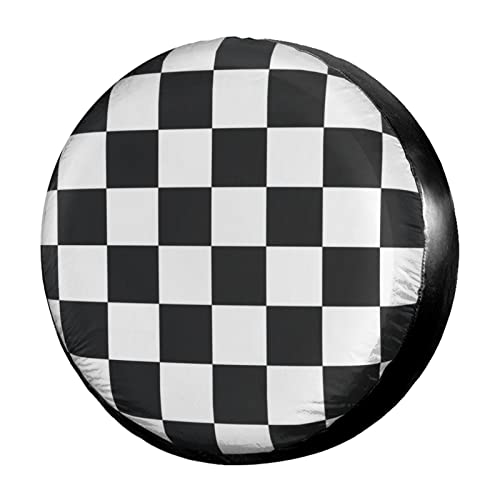 Image of Black and White Racing and Checkered Pattern Spare Tire Cover Dust-Proof Wheel Tire Cover Fit Trailer, RV, SUV and Many Vehicle 14 Inch