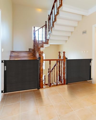 Image of (2 Pack) Retractable Baby Gate for Doorways and Stairs, Mesh Safety Gate for Pet, Indoor & Outdoor Use, One-Hand Operation, Easy Installation, 33.6 inch Tall, Expands to 55 inch Wide（Black,33.6 inchx55 inch