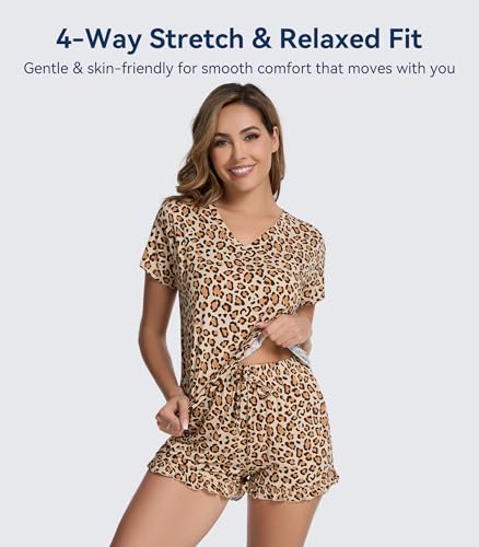 Image of WiWi Womens Pajamas Set Bamboo Viscose Super Soft Short Sleeve Top Ruffle Shorts Sleepwear Cooling Pj Sets S-XXL