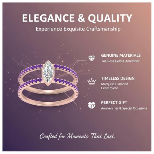 Image of Choose Your Gemstone Marquise Bezel Set Diamond CZ Band Rose Gold Plated Marquise Shape Split Shank Engagement Ring Lightweight Office Wear Everyday Gift Jewelry US Size 4 to 12