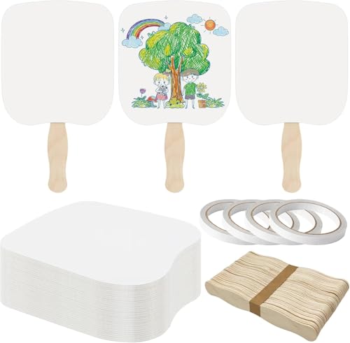 LOTMER 150 Pcs Church Fans Handheld Set, 100 Blank Cardstock Paper Fans with 50 Wavy Wooden Sticks, Paper Fan Handheld for DIY Painting Custom Fans (50 Sets)