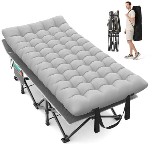 Image of Suteck 32In XXL Folding Camping Cot, 900LBS Heavy Duty Sleeping Cot with Pillow Mattress, 1200D Double-Layer Oxford Portable Cot for Adults with Carry Bag for Home Office Nap Beach Travel