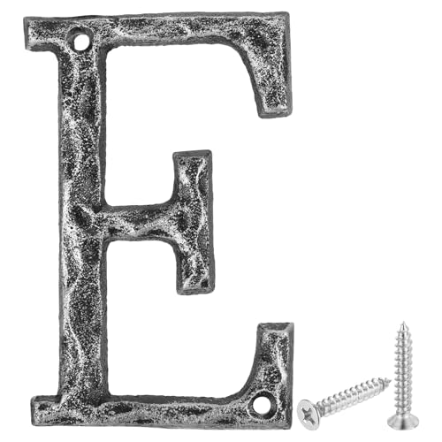 sourcing map House Address Letter, 4.9 Inch Cast Iron Vintage Wall Letter E Outside Letters for Home Street Office Mailbox Sign, Black & Silver