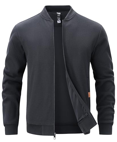 YuKaiChen Übergangsjacke Herren Jacke Leichte Bomberjacke aus Waffelstoff mit Reißverschlusstasche für Frühling Herbst Dunkelgrau 4XL