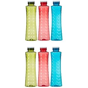 Amazon Brand – Solimo Plastic Water Bottle Set of 6, Multicolour, 1L Each (Prism Pattern)