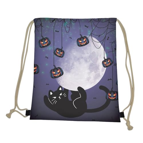 JooMeryer Funny Halloween Drawstring Bag Shoulder Bag Trick or Treat Backpack Lightweight Soccer Ball Bag Gift,Cute Cat Moon Bat3
