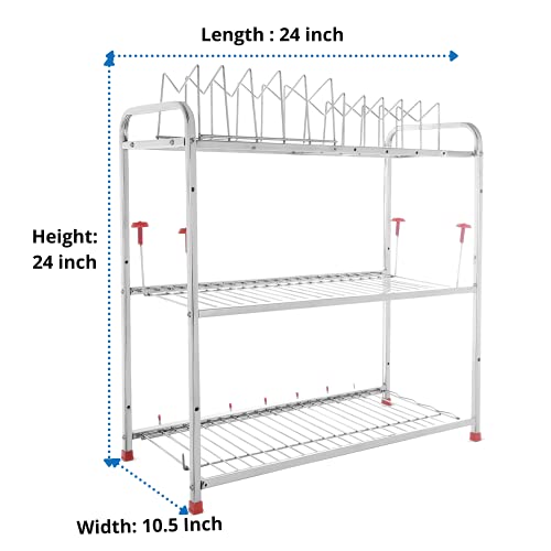Image of LiMETRO STEEL Stainless Steel 3 Shelf Wall Mount Kitchen Racks | Utensil Stand for Kitchen | Utensil Rack for Kitchen | Kitchen Utensils Rack (Size: 24x24 inch)