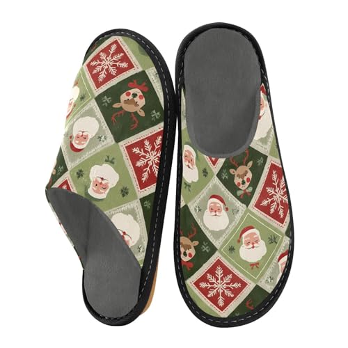 Slippers for Women Square Santa Claus Face Reindeer Head Snowflake Pattern Soft Winter Warm Shoes Indoor Outdoor Non-Slip House Travel Slippers