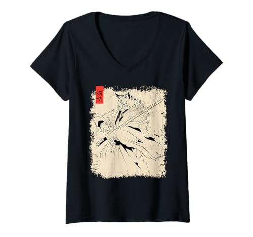 Mujer Samurai Cat Ukiyo-e Warrior Art Japanese Cat Samurai Manga Camiseta Cuello V