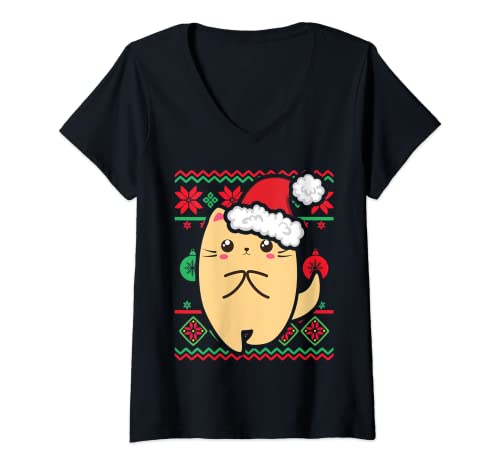 Mujer Feo Navidad Suéter Lindo Kawaii Anime Chibi Shy Kitty Camiseta Cuello V