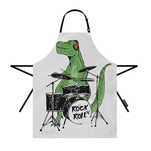 Moslion Dinosaur Apron 31X27 Inch Cute Animal Music Rock N Roll Star Dinosaur Playing Drum Set Kitchen Chef Waitress Cook Aprons Bib With Adjustable Neck For Women Men Girls #TOP26