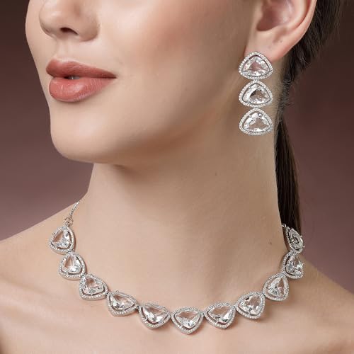 Image of ZENEME Rhodium Plated Silver Toned Triangular Shaped American Diamond Studded Jewellery Set For Women and Girl