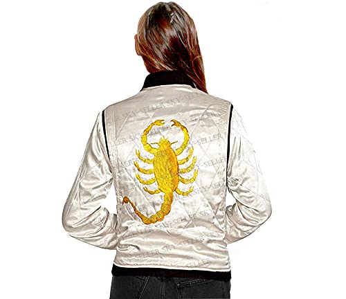 SKY-SELLER Ladies Motorcycle Drive Scorpion Gosling Logo Ivory White Bomber Satin Jacket - Lightweight Jacket for Women Large