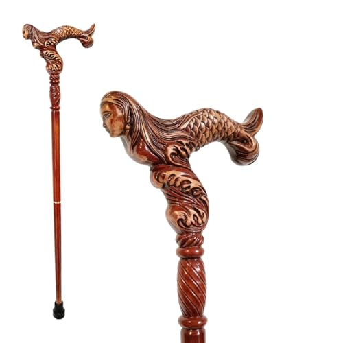 JMMSP Bastón De Madera Tallado a Mano para Hombres y Mujeres, Diseño Vintage, Mango Ergonómico, Estilo Moderno y Único para Personas Mayores (Sirena) JMMSP Bastón De Madera Tallado a Mano para Hombres y Mujeres, Diseño Vintage, Mango Ergonómico, Estilo Moderno y Único para Personas Mayores (Sirena)