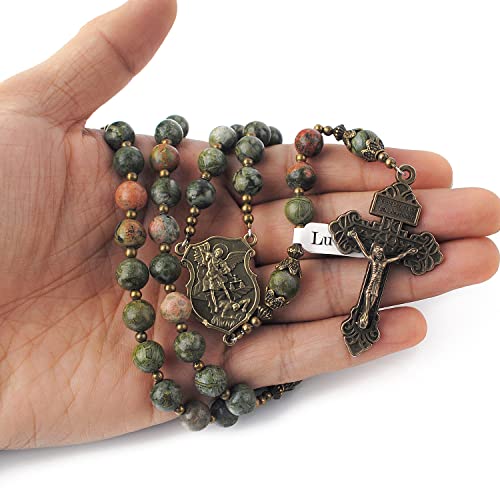 Luomu Rosário grande com contas de pedra natural de 8 mm, medalha milagrosa e crucifixo de perdão, P