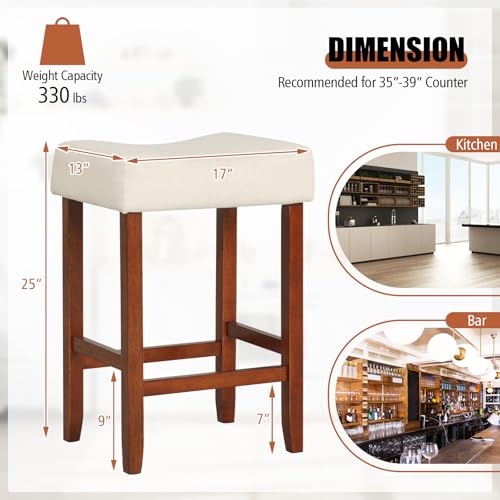 Image of COSTWAY Wooden Saddle Stools Set of 2, 25-inch Backless Counter Height Chairs with Rubber Wood Frame, Footrest, Max Load 330 Lbs, Upholstered Bar Stools for Kitchen Island, Light Beige+Brown