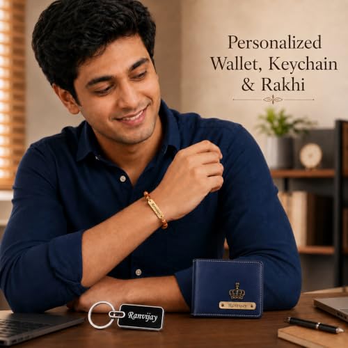 Image of SAVRI Rakshabandhan Gift for Brother | Customized Men's Leather Wallet with Name & Charm, Personalized Metal Keychain & Customized Rudraksha Rakhi with Name | Rakhi Gift for Brother