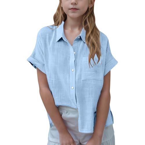Girls Button Down Cotton Linen Shirts V Neck Roll Up Short Sleeve Blouses Loose Collared Shirt Summer Casual Tops