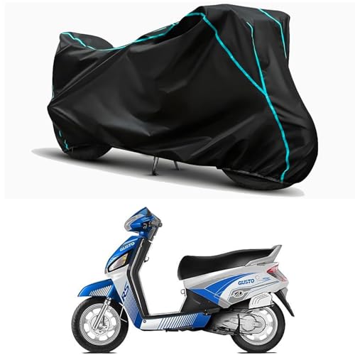 Image of Waterproof Bike Body Cover Compatible for | Mahindra Gusto RS | Taffeta Fabric, Sky Piping Design, Bottom Elastic Fit | Dustproof, Sun UV & Rain Protection for All Weather.