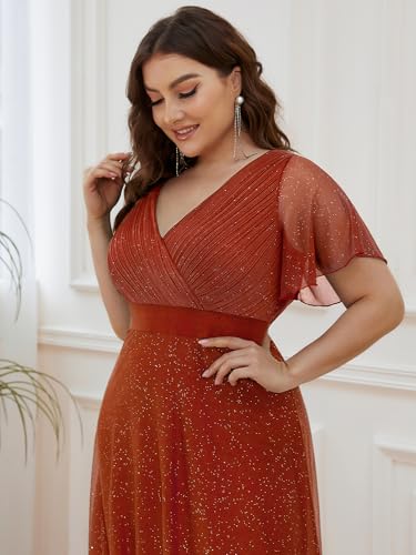 Image of Ever-Pretty Plus Women's Glitter Formal Dress Evening Gown for Gala V-Neck Short Sleeve Floor Length Plus Size Prom Dresses