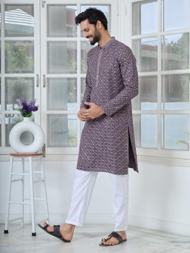 Image of See Designs Men's Full Sleeve Mandarin Collar Men Embroidered Straight Long Kurta - Festive Collection
