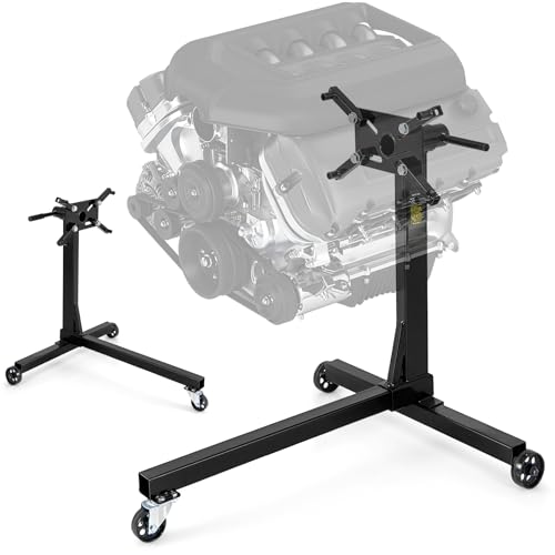 TANGZON 360° Rotating Engine Stand, Motor Stand with Casters, Non-slip Handle & 4 Adjustable Arms, Heavy-Duty Metal Engine Hoist Holder Lift for Garage Auto Repair (Black, 750LBS, T-Shaped Base)