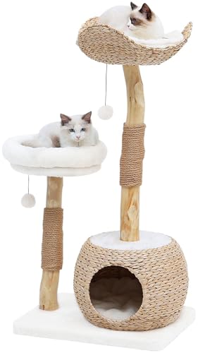 KULAMOON Cat Tree Tower for Indoor Cats, Modern Real Wood Cat Condo with Scratching Post, Jumping Platforms, Hanging Toy Ball for Multi-Cat Households
