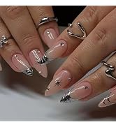 24PCS French Tip Press on Nails Medium Almond Sliver Fake Nails Medium French Tip Acrylic Nails S...