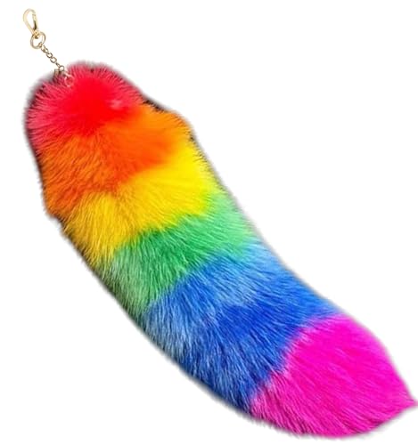 Forssils Real Fox Tail Fluffy Furry Fox Fur Tail Keychain Black Red White Fox Tail Fur Cosplay Toy for Kids (Rainbow)