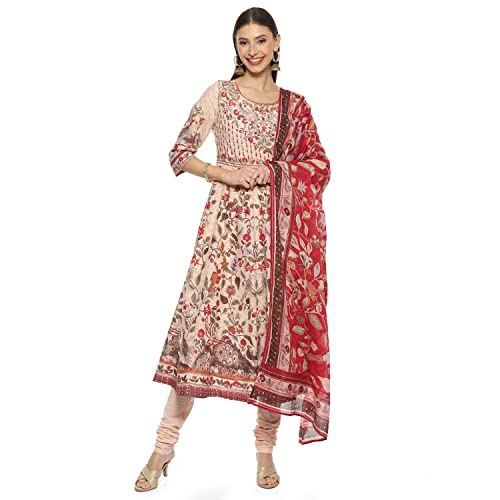 Image of BIBA Women Cotton Printed Fitted Salwar Kurta Dupatta(Skdkalamkar8356 Beige 38)