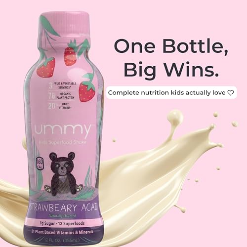 Ummy Kids Daily Nutrition Support Superfood Shake – Organic Strawberry, Non-Dairy with Protein, Gluten Free, 7g Prebiotic Fiber, Allergy Friendly, 0 Added Sugar, 12oz Bottles (12-Pack) - Thumbnail 3