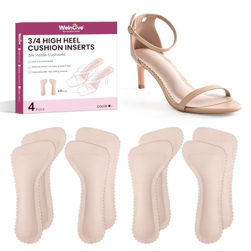 4-Pair Shoe Insoles for High Heels Sandals Women - Welnove 3/4 High Heel Cushions Prevent Foot Slid Forward - Soft Invisible Inserts Absorb Shock Foot Pain Fatigue Relief Daily Use Party Travel (L)