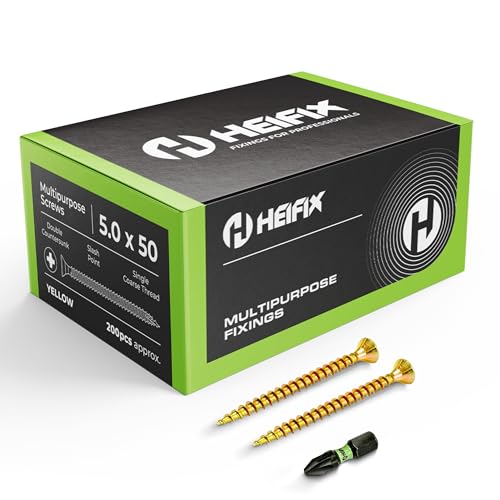 Heifix Multi-Purpose Wood Screws - FREE Screw Bit Included (QTY 200, 5mm x 50mm) Pozi Double Countersunk