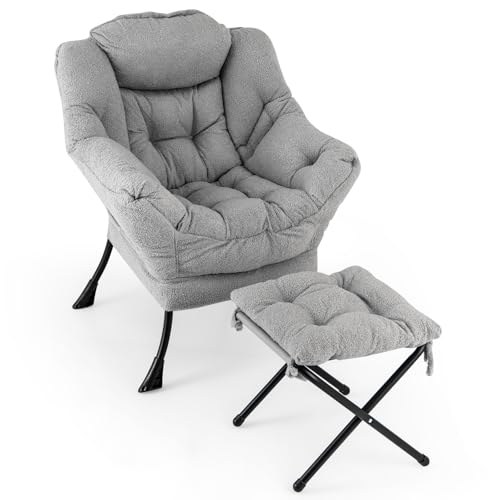 GIANTEX Fauteuil de Lecture Scandinave, Fauteuil Relax Salon Sherpa, Oreiller, Accoudoirs, Poche...