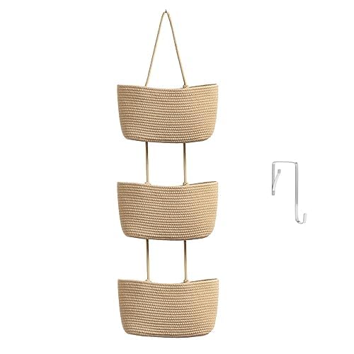 TeoKJ Over the Door Hanging Basket, 3-Tier Woven Cotton Wall-Mounted Storage Organizer Bag Decorative Hanging Kitchen Baskets - Khaki