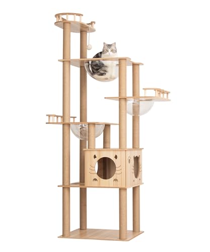 PETTIFUL キャットタワー 木製 据え置き 【販売元PETTIFUL OFFICIAL】 おしゃれ 大型 高さ185cm 高い 多頭飼い 高級 スリム 猫タワー 宇宙船 クリアボウル 広い 大型猫 シニア猫 子猫 中型猫 爪研ぎポール キャットツリー