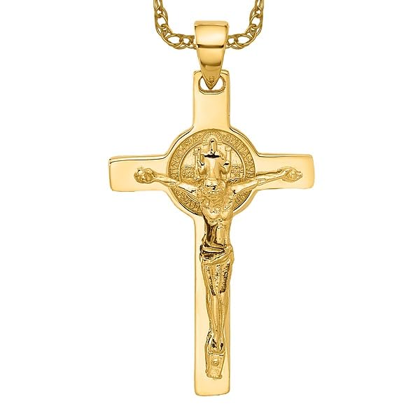IceCarats 14K Solid Yellow Gold Lord Jesus Christ Crucifix Holy Cross Saint Benedict Medal Necklace Religious Chain Pendant Charm