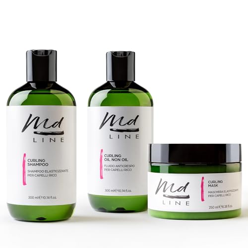 Md LINE Kit de tratamiento profesional para el cabello rizado, antiencrespamiento y definición – Champú + máscara + aceite no aceite, rizos perfectos sin sulfatos, siliconas ni parabenos, set Curly