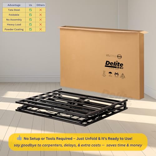 Image of DELITE KOM Mario Foldable Metal Bed | Double Size (6.71ft x 4ft) | Portable | No Installation | Strong Steel Frame | Powder Coated | Heavy Load | for 75 inchx48 inch Mattress | Glossy Black | 1 Year Warranty
