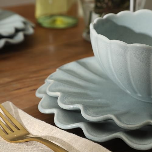 Image of Gibson Elite Bistro Fleur Plates and Bowls Sets, 12-Piece Stoneware Dinnerware Set for 4, Sage Blue Scalloped Dish Set with Dinner Plates, Salad Plates & Bowls