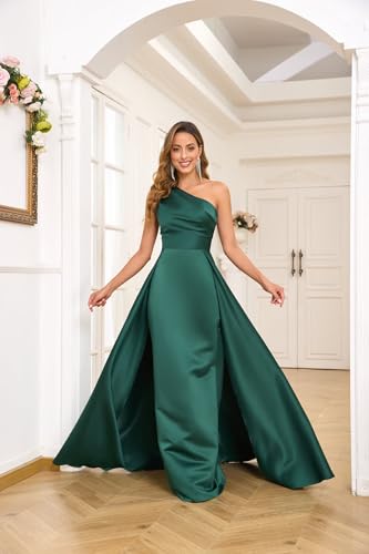 One Shoulder Satin Prom Dresses for Women 2025 A-Line Ruched Long Formal Dresses Evening Gown with Overskirt MRX083