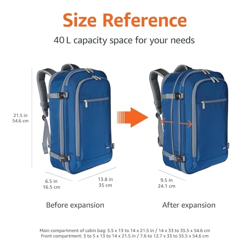 Amazon Basics Travel Backpack, Carry On Backpack, With Laptop Compartment, 40L Capacity, Expandable for 10% Extra Space, Backpack & Shoulder Bag Dual Use, 15.8"W x 21.5"H x 8.3"D, Navy by Amazon Basics - Image 3