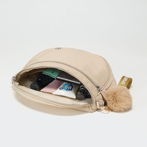 Image of Pander Crossbody Bum Bag for Women, Everyday Nylon Shoulder Bag with Pompom Keychain Wristlet Bag Charm, Adjustable Strap