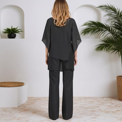Women's Casual 2 Piece Outfits Dressy Pant Suits for a Wedding 2025 Fall Trendy Irregular Chiffon Wide Leg Pant Sets3
