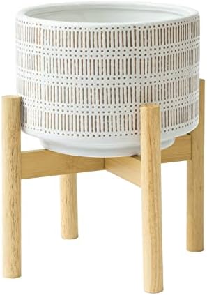 LA JOLIE MUSE Large Ceramic Plant Pot with Stand - 9.4 Inch Boho Cylinder Indoor Planter with Drainage Hole for Snake Plants, Fiddle Fig Tree, Artificial Plants, Sandy Beige & White