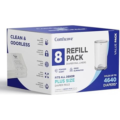 Comficove Refills Compatible with DEKOR PLUS Diaper Pails | 8 Pack | Extra Thick Diaper Pail Refill Liners | Fresh Scent | Easy to Replace and Dispose of Diaper Bag | Odorless Baby Diapers Disposal Cover